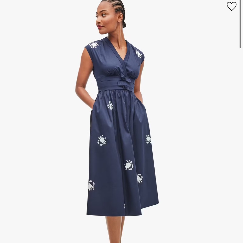 Kate Spade Snappy Poplin Bow Dress navy blue crab print midi dress size 4